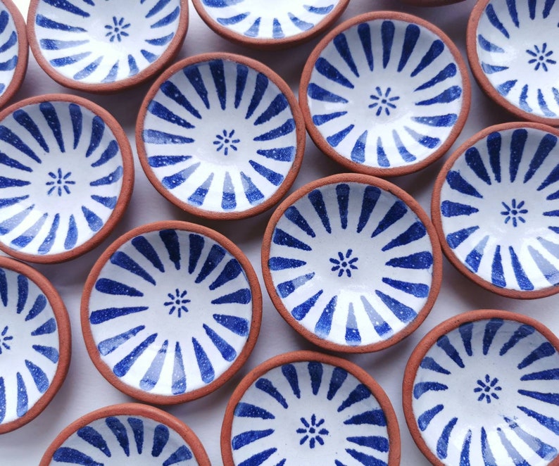 Small pottery dish. Perfect fo rings and trinkets or as salt and pepper bowls. Handmade in terracotta with blue and white majolica glaze. image 1