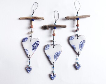 Ceramic hanging hearts; driftwood; coastal ornament; blue and white; seaside decoration; seaside style; nautical; rustic; beach pottery