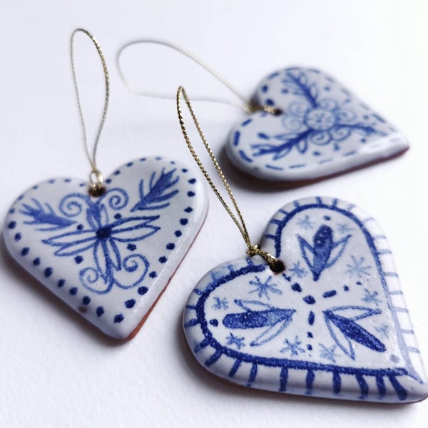 Blue and white Christmas tree ornaments; nordic style; ceramic heart; set of 3; handmade; traditional; hygge xmas; rustic; scandinavian look