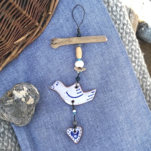 Hanging bird and heart dove small gift blue and white pottery love coastal ceramic driftwood art beach hut folk rustic style beads image 1
