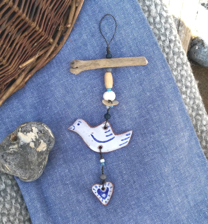 Hanging bird and heart dove small gift blue and white pottery love coastal ceramic driftwood art beach hut folk rustic style beads image 1