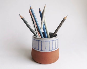 Handmade blue and white on terracotta ceramic vase, planter or paintbrush, pencil, toothpick, cotton bud etc pot or holder