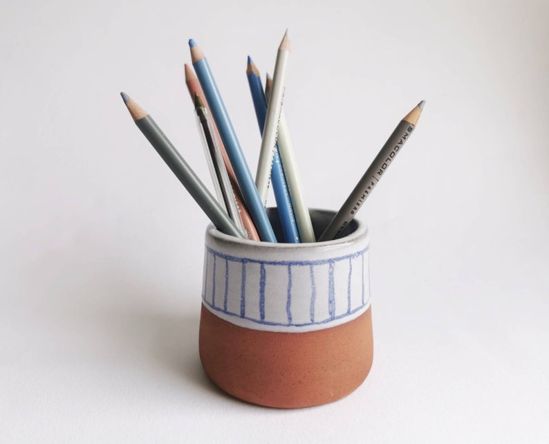 Handmade blue and white on terracotta ceramic vase, planter or paintbrush, pencil, toothpick, cotton bud etc pot or holder image 1