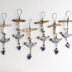 Hanging bird and heart dove small gift blue and white pottery love coastal ceramic driftwood art beach hut folk rustic style beads image 2