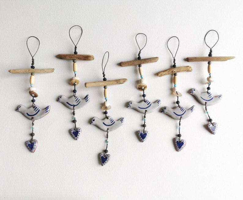 Hanging bird and heart dove small gift blue and white pottery love coastal ceramic driftwood art beach hut folk rustic style beads image 2