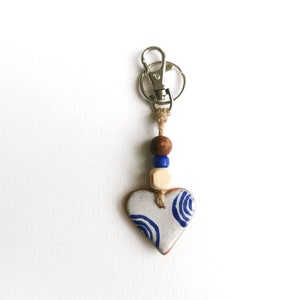 Heart key fob perfect as a small Valentines gift or pocket hug. Handmade blue and white pottery in majolica style image 7