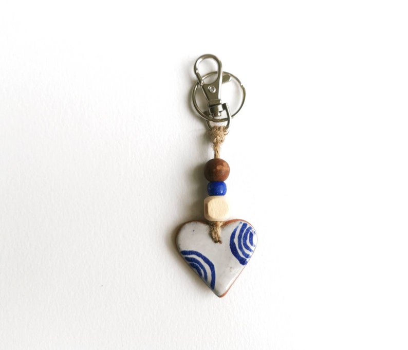 Heart key fob perfect as a small Valentines gift or pocket hug. Handmade blue and white pottery in majolica style image 7