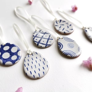 Handpainted blue and white ceramic Easter egg decorations set of 6 handmade pottery ornaments contemporary patterns rustic coastal style image 1