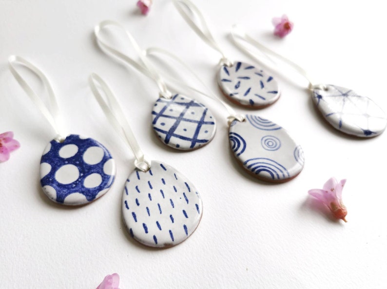 Handpainted blue and white ceramic Easter egg decorations set of 6 handmade pottery ornaments contemporary patterns rustic coastal style image 1