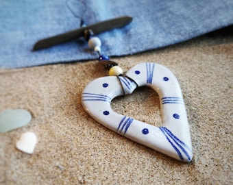 Handmade valentine heart ornament; coastal style; blue and white; ceramic gift; driftwood art; hanging heart decoration; rustic; seaside