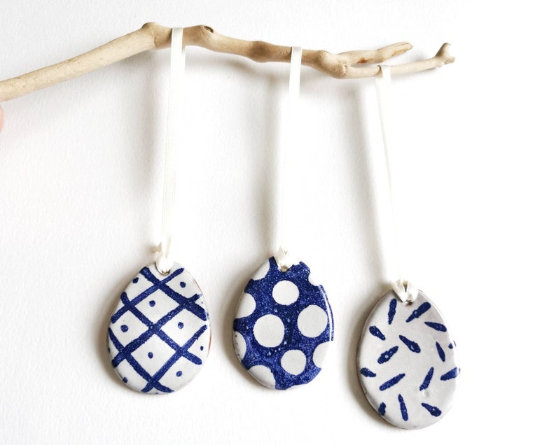 Handpainted blue and white ceramic Easter egg decorations set of 6 handmade pottery ornaments contemporary patterns rustic coastal style image 2