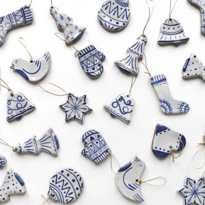 Blue and white christmas decoration handmade ceramic stocking rustic simple pottery tree ornament. image 10