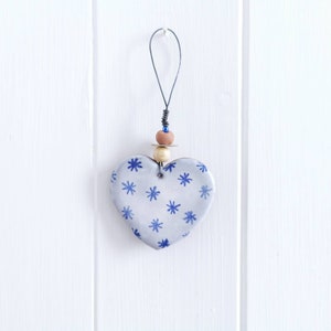 Small handmade gift; love; ceramic heart ornament; coastal decor; blue and white; majolica; pottery; folk art; rustic; farmhouse; beach hut
