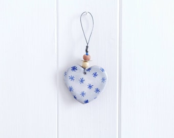 Small handmade gift; love; ceramic heart ornament; coastal decor; blue and white; majolica; pottery; folk art; rustic; farmhouse; beach hut