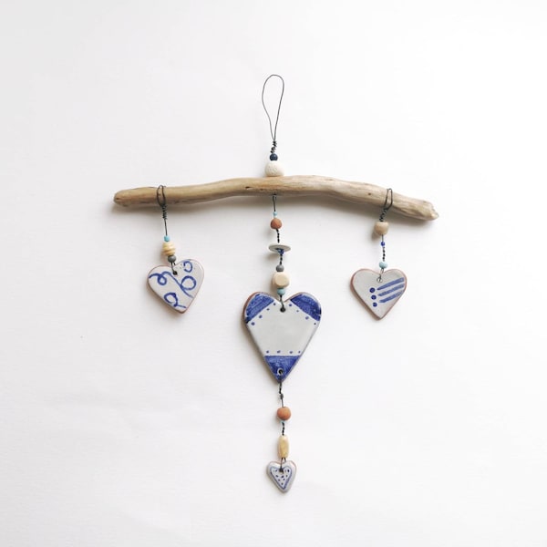 Ceramic and driftwood; hanging heart decoration; coastal; blue and white pottery; seaside ornament; coastal farmhouse; coast home; beach hut