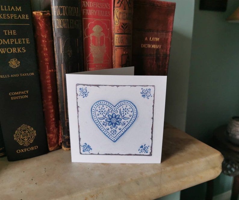 Pack of 6 floral love heart greetings card / notelet blue and white handdrawn design 'perfect imperfections' in style of a delft tile image 5