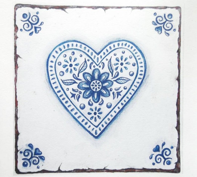 Pack of 6 floral love heart greetings card / notelet blue and white handdrawn design 'perfect imperfections' in style of a delft tile image 7