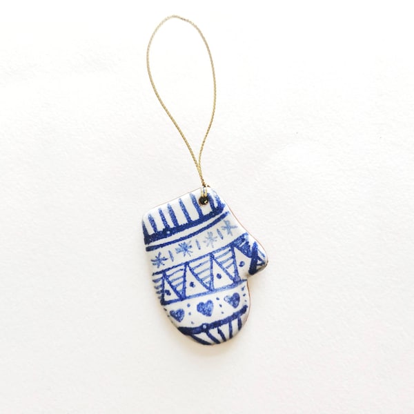 Handmade christmas tree decoration; mitten; blue and white; ceramic; winter; rustic; ornament; scandinavian charm; hugge; coastal