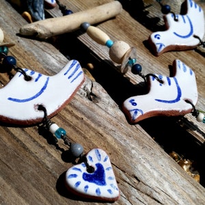 Hanging bird and heart dove small gift blue and white pottery love coastal ceramic driftwood art beach hut folk rustic style beads image 4