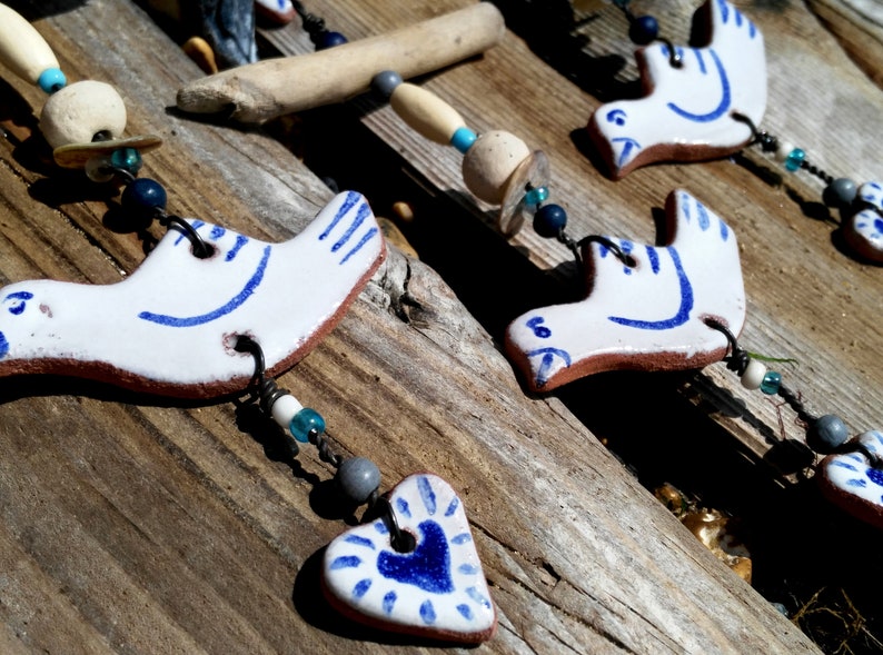 Hanging bird and heart dove small gift blue and white pottery love coastal ceramic driftwood art beach hut folk rustic style beads image 4