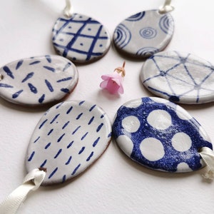 Handpainted blue and white ceramic Easter egg decorations set of 6 handmade pottery ornaments contemporary patterns rustic coastal style image 4