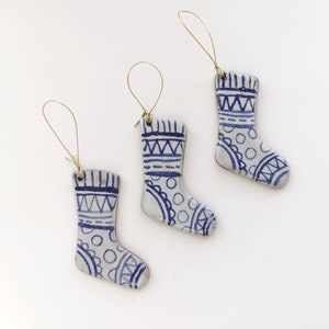 Blue and white christmas decoration handmade ceramic stocking rustic simple pottery tree ornament. image 2