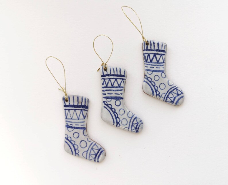 Blue and white christmas decoration handmade ceramic stocking rustic simple pottery tree ornament. image 2