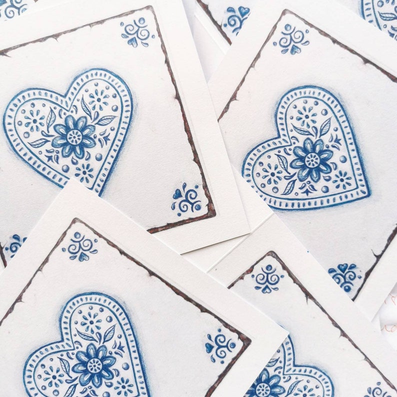 Pack of 6 floral love heart greetings card / notelet blue and white handdrawn design 'perfect imperfections' in style of a delft tile image 1