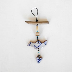 Hanging bird and heart dove small gift blue and white pottery love coastal ceramic driftwood art beach hut folk rustic style beads image 7