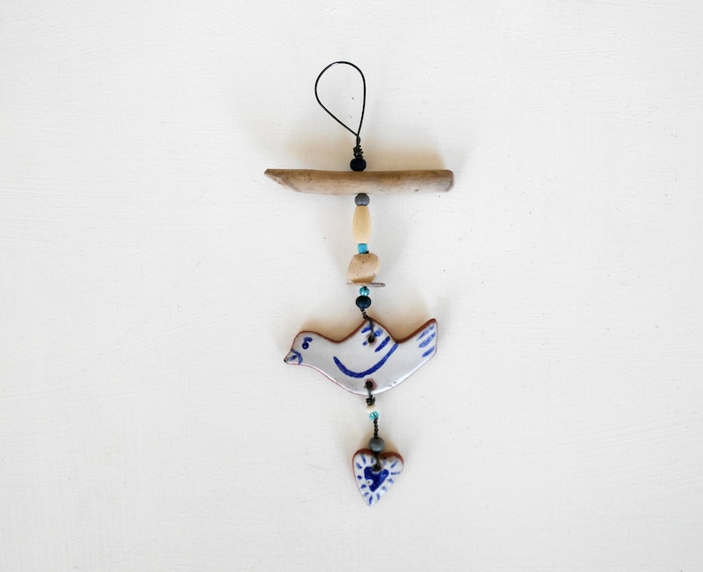 Hanging bird and heart dove small gift blue and white pottery love coastal ceramic driftwood art beach hut folk rustic style beads image 7