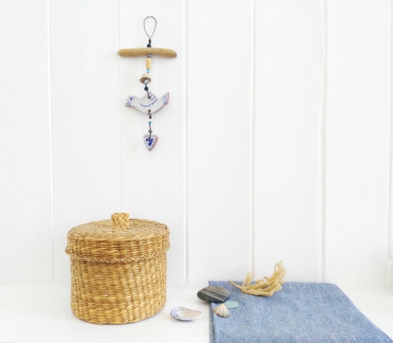 Hanging bird and heart dove small gift blue and white pottery love coastal ceramic driftwood art beach hut folk rustic style beads image 6