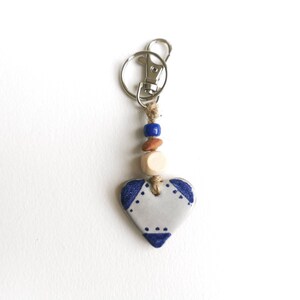 Heart key fob perfect as a small Valentines gift or pocket hug. Handmade blue and white pottery in majolica style image 3