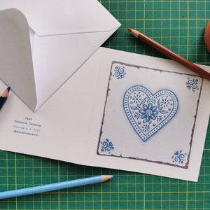 Pack of 6 floral love heart greetings card / notelet blue and white handdrawn design 'perfect imperfections' in style of a delft tile image 6