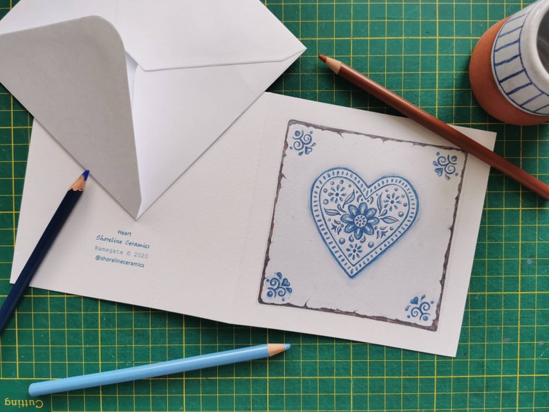Pack of 6 floral love heart greetings card / notelet blue and white handdrawn design 'perfect imperfections' in style of a delft tile image 6