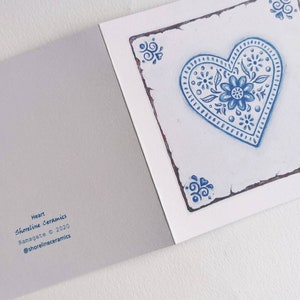 Pack of 6 floral love heart greetings card / notelet blue and white handdrawn design 'perfect imperfections' in style of a delft tile image 4