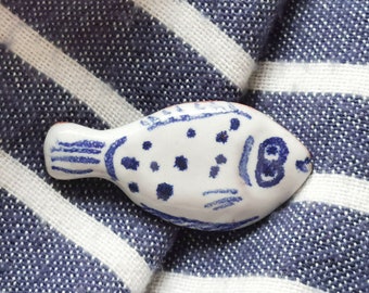 Ceramic flounder, plaice, sole, dab or flat fish brooch; perfect wearable gift for pisces, fishing or coastal life; blue and white; hygge