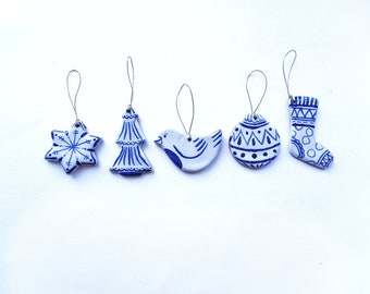 Christmas tree decorations; handmade; set of 5; xmas at home; ceramic; blue and white; scandinavian charm; gift tags; hugge; coastal decor