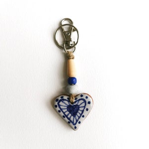 Heart key fob perfect as a small Valentines gift or pocket hug. Handmade blue and white pottery in majolica style image 4