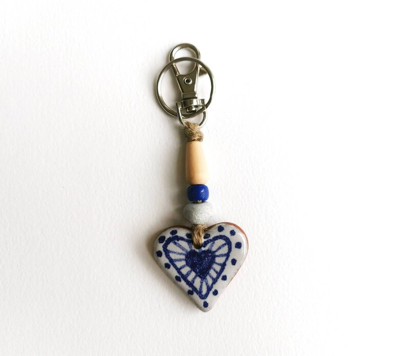 Heart key fob perfect as a small Valentines gift or pocket hug. Handmade blue and white pottery in majolica style image 4