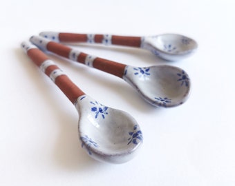 Ceramic spoon; pretty; handmade pottery; blue and white; kitchen utensil; perfect gift; farmhouse style; rustic; coastal living; majolica