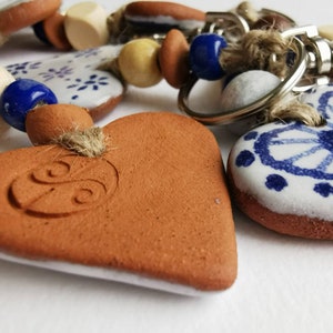 Heart key fob perfect as a small Valentines gift or pocket hug. Handmade blue and white pottery in majolica style image 2