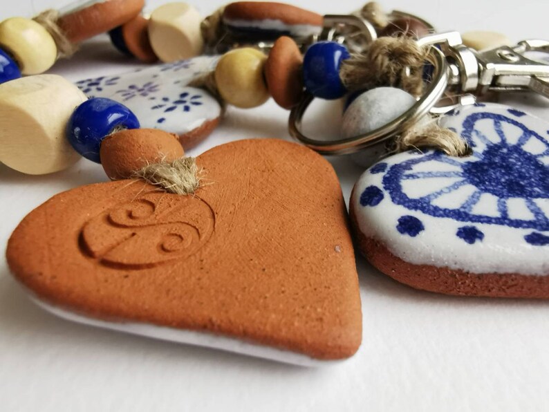 Heart key fob perfect as a small Valentines gift or pocket hug. Handmade blue and white pottery in majolica style image 2