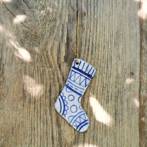 Blue and white christmas decoration handmade ceramic stocking rustic simple pottery tree ornament. image 4