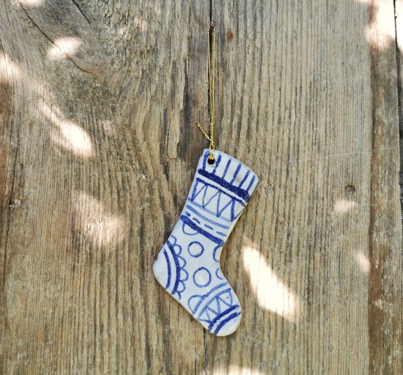 Blue and white christmas decoration handmade ceramic stocking rustic simple pottery tree ornament. image 4