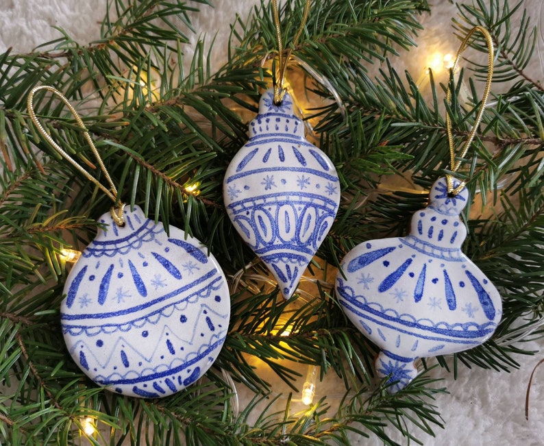 Blue and White Ornate Christmas Decorations Handmade Ceramic Etsy