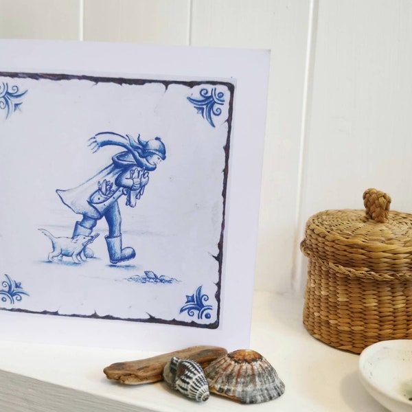 Beachcomber with dog; greetings card; blue and white; handdrawn design in the style of delft tiles; driftwood; seaside; coast; beach; windy!