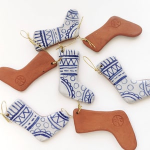 Blue and white christmas decoration handmade ceramic stocking rustic simple pottery tree ornament. image 8