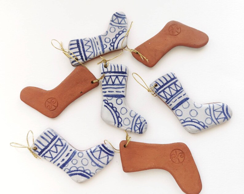 Blue and white christmas decoration handmade ceramic stocking rustic simple pottery tree ornament. image 8