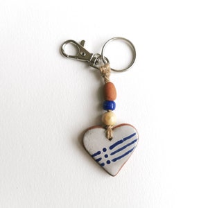 Heart key fob perfect as a small Valentines gift or pocket hug. Handmade blue and white pottery in majolica style image 8