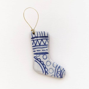 Blue and white christmas decoration handmade ceramic stocking rustic simple pottery tree ornament. image 1